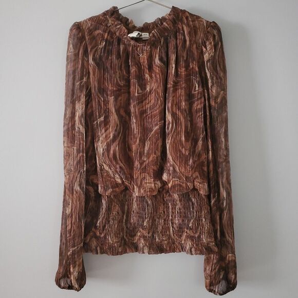Joie Brown Combo Marble Metallic Ruched Waist Blouse Size M NWOT - Picture 1 of 6